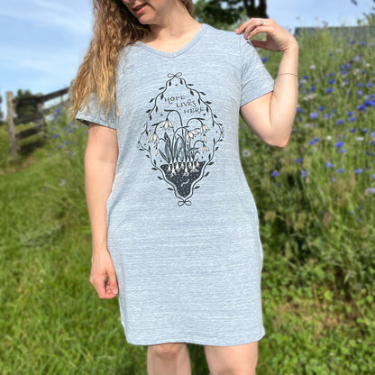 Hope Lives Here | Snow Drops | January Birth Flower | Heather Blue Dress w Pockets | XL