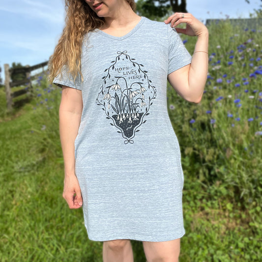 Hope Lives Here | Snow Drops | January Birth Flower | Heather Blue Dress w Pockets | XL