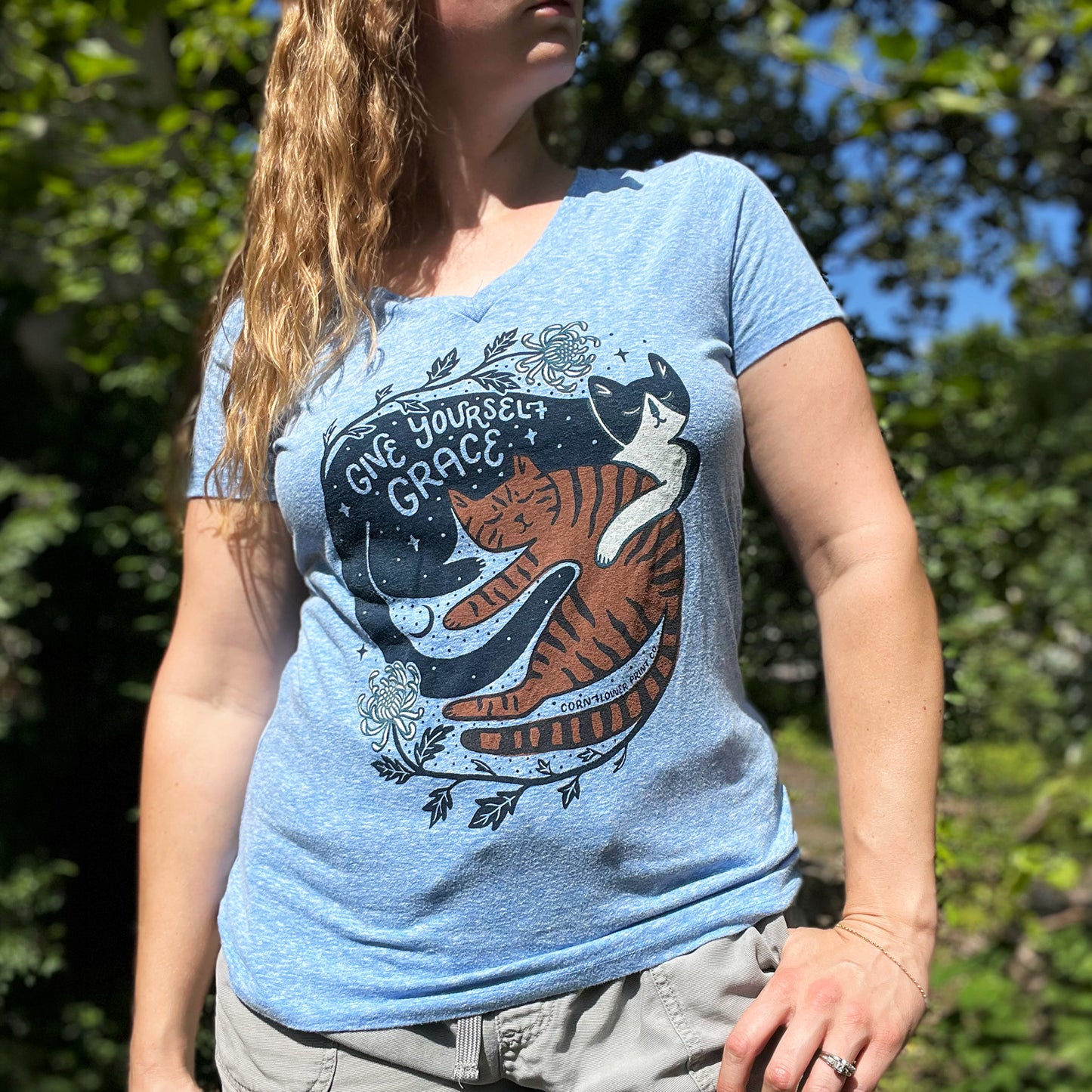 November Birth Flower | Chrysanthemum | Heather Blue V-Neck Tee | Large