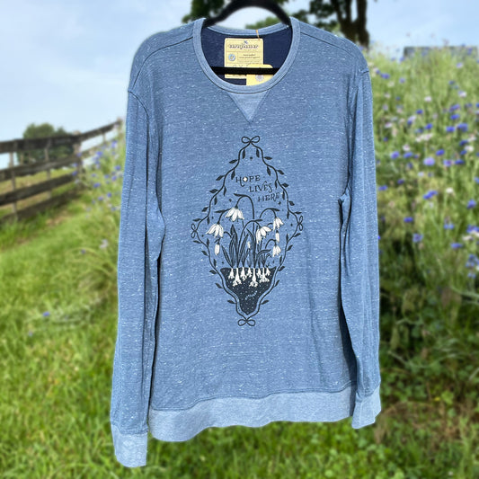 Hope Lives Here | Snow Drops | January Birth Flower | Heather Dark Blue Long Sleeve | 2X
