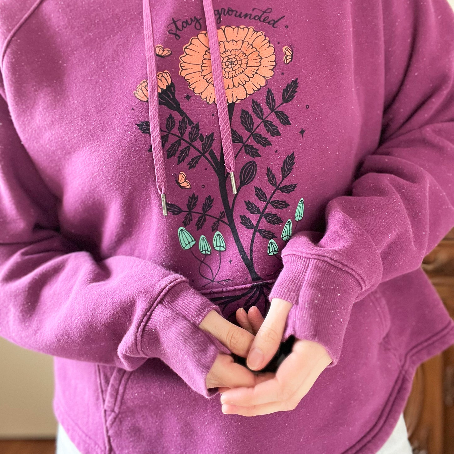 October Birth Flower | Marigold | Heather Purple Hoodie with Thumbholes | 2X