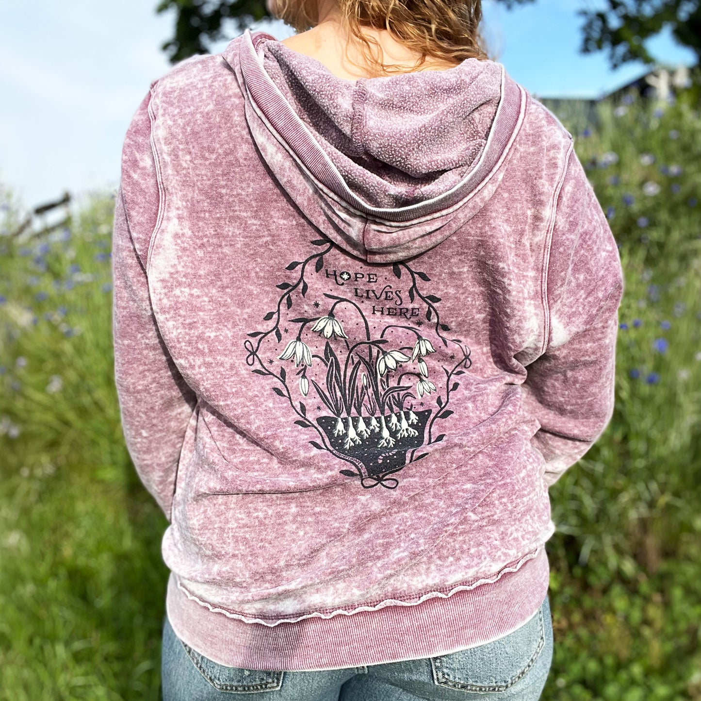 Hope Lives Here | Snow Drops | January Birth Flower | Distressed Purple Hoodie | XL