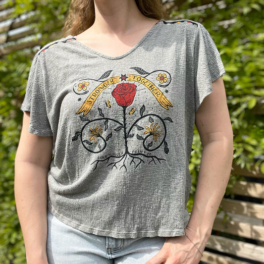 Stronger Together | June Birth Flower | Muted Gray/Green Top with Embroidered Shoulders | Large