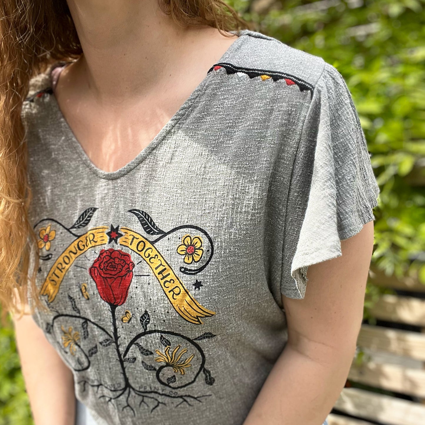 Stronger Together | June Birth Flower | Muted Gray/Green Top with Embroidered Shoulders | Large