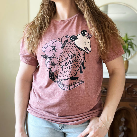 Stay Feral | Opossum | Heather Muted Red Tee | Large