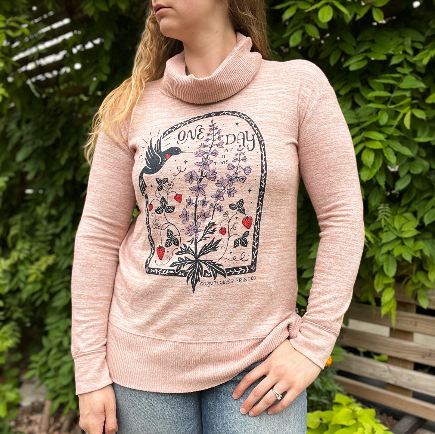 One Day at a Time | July Birth Flower | Heather Orange Cowl Neck Long Sleeve Shirt | Small