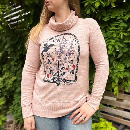 One Day at a Time | July Birth Flower | Heather Orange Cowl Neck Long Sleeve Shirt | Small
