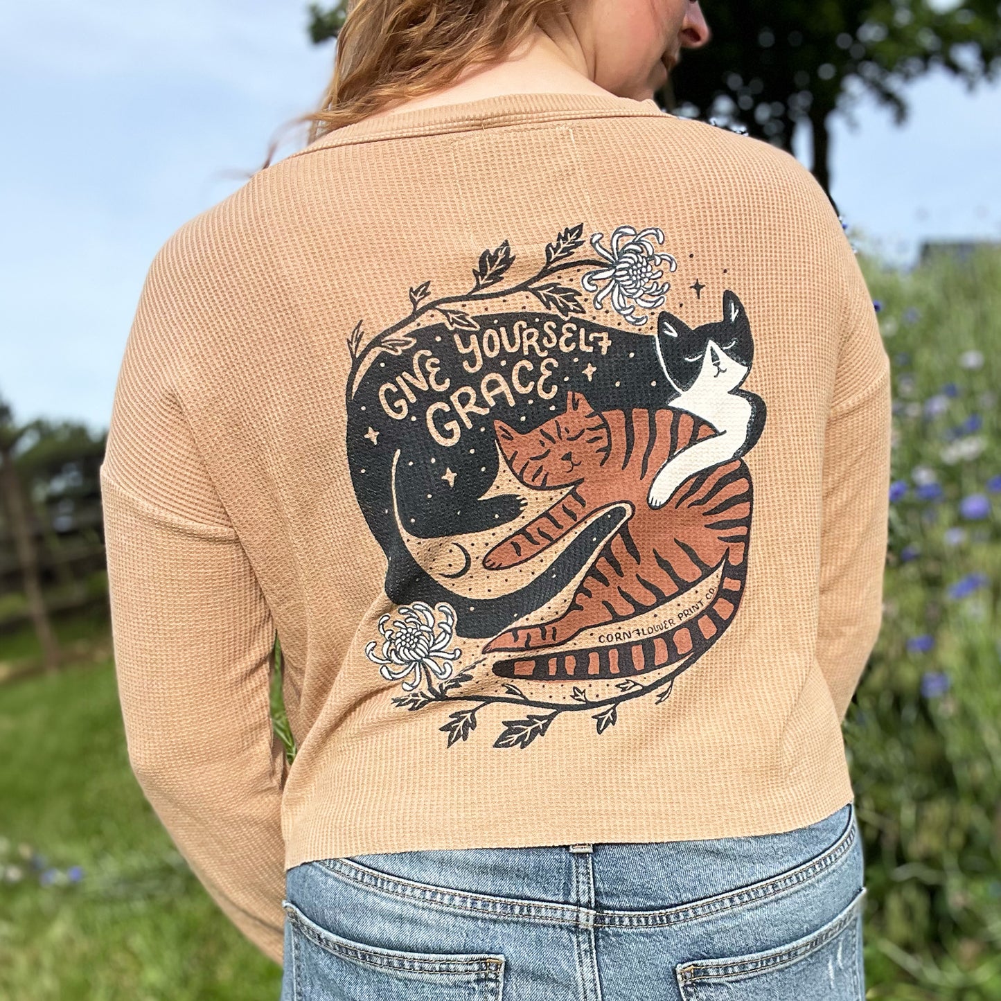November Birth Flower | Chrysanthemum | Brown Waffle Knit Long Sleeve | Medium