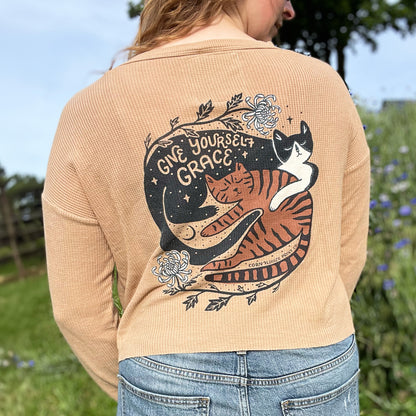 November Birth Flower | Chrysanthemum | Brown Waffle Knit Long Sleeve | Medium