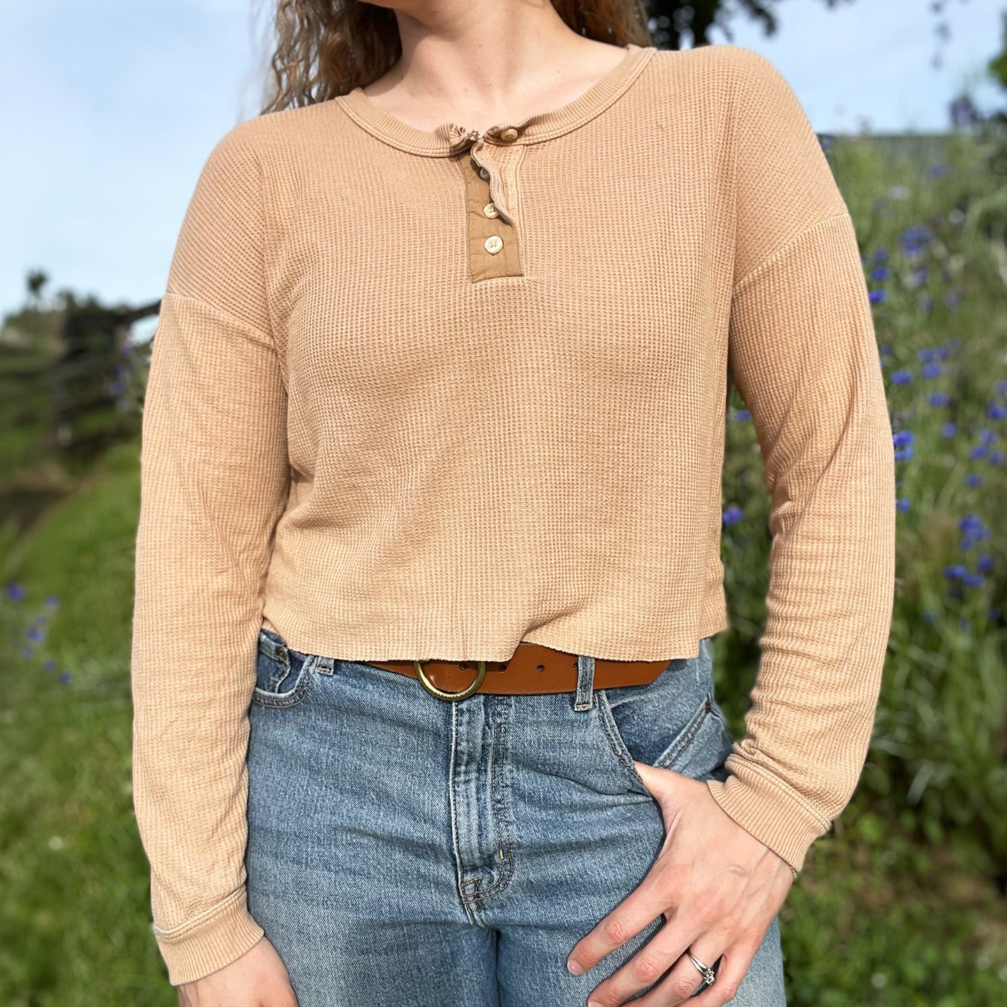 November Birth Flower | Chrysanthemum | Brown Waffle Knit Long Sleeve | Medium