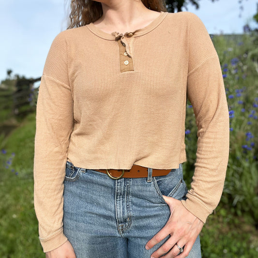 November Birth Flower | Chrysanthemum | Brown Waffle Knit Long Sleeve | Medium