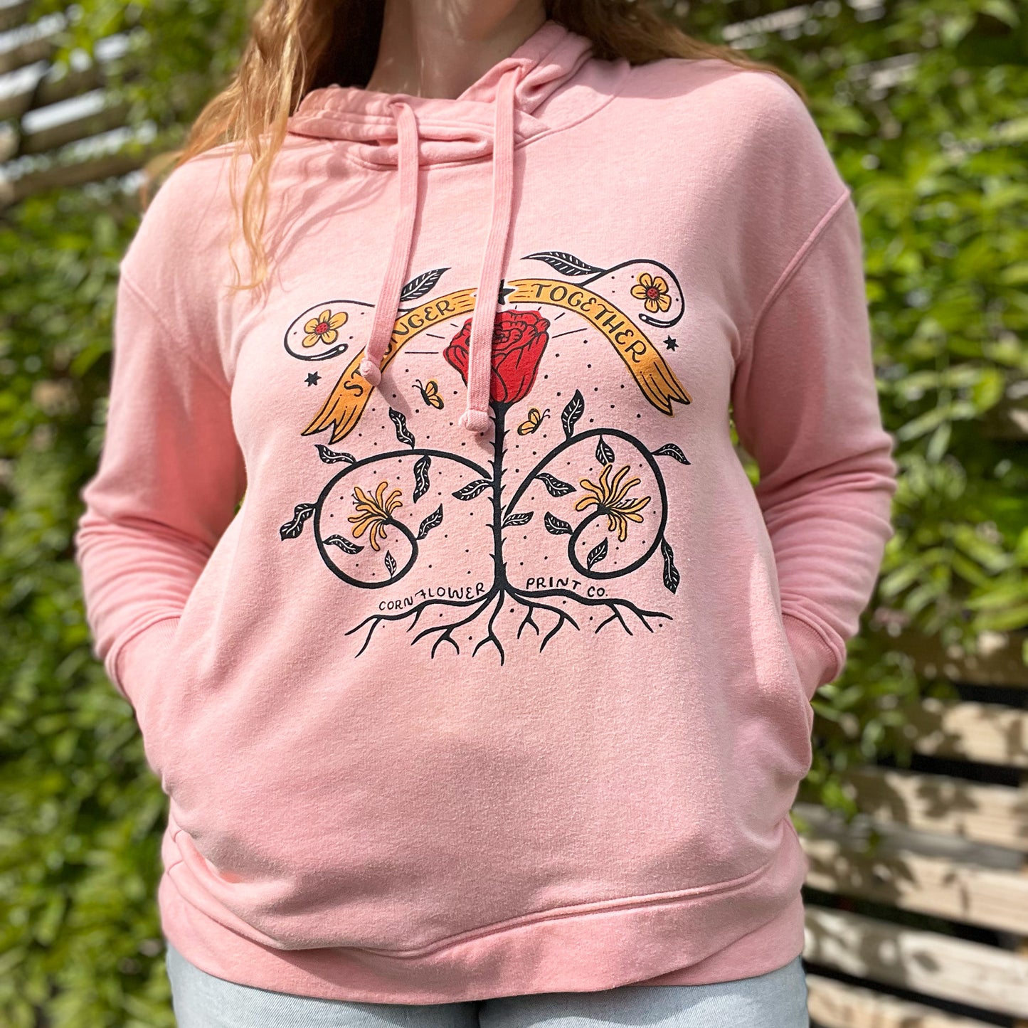 Stronger Together | June Birth Flower | Light Pink Hoodie with Pockets | Medium