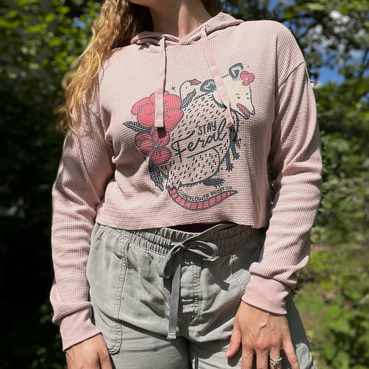 Stay Feral | Opossum | Pink Waffle Knit Lightweight Hoodie | Small