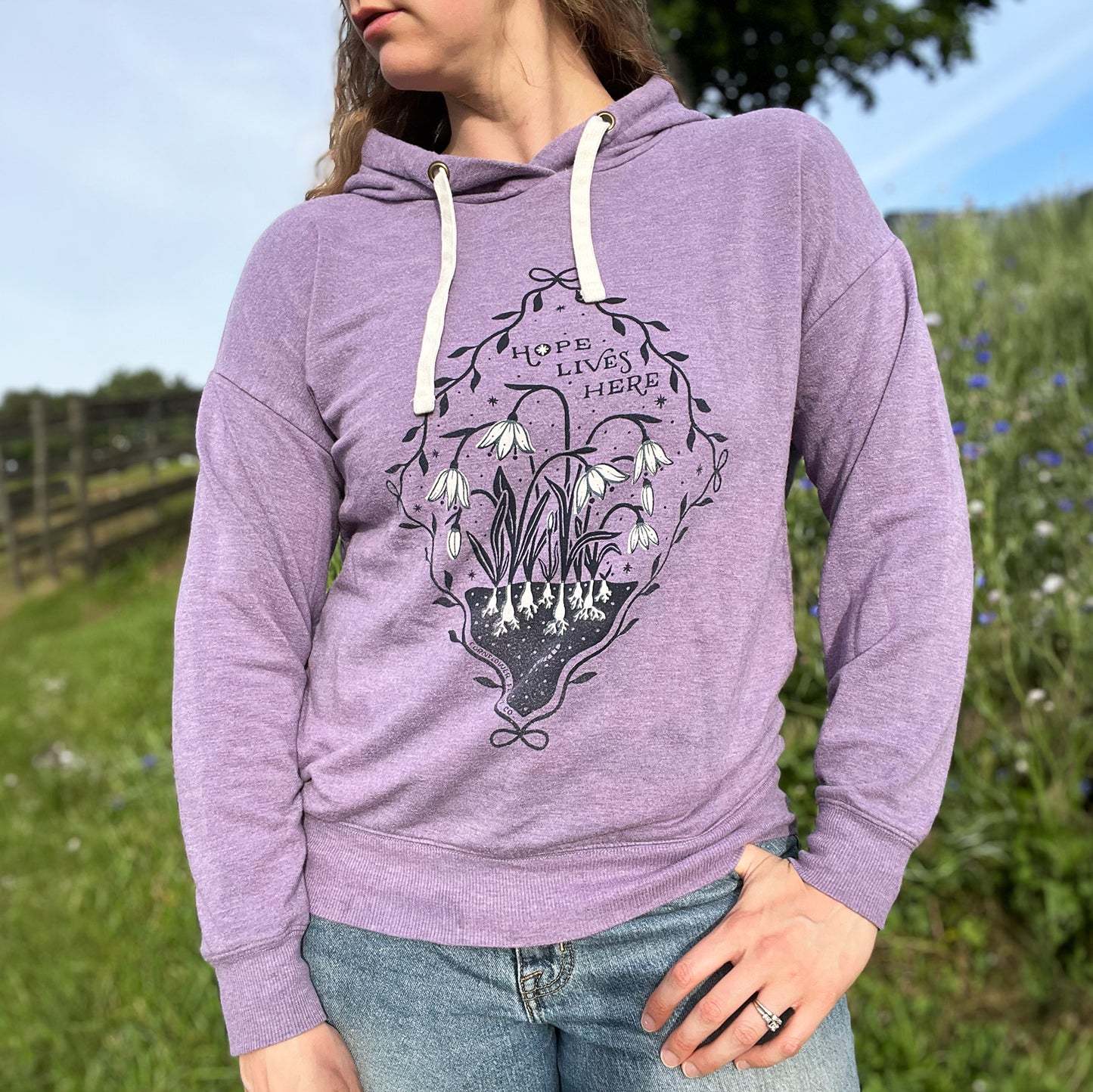Hope Lives Here | Snow Drops | January Birth Flower | Purple Hoodie | Small