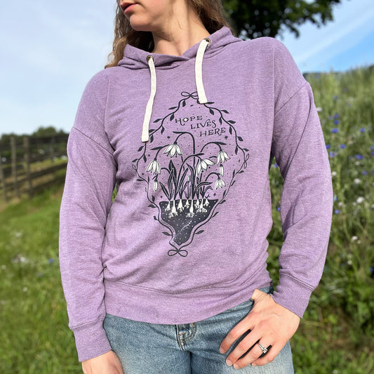 Hope Lives Here | Snow Drops | January Birth Flower | Purple Hoodie | Small