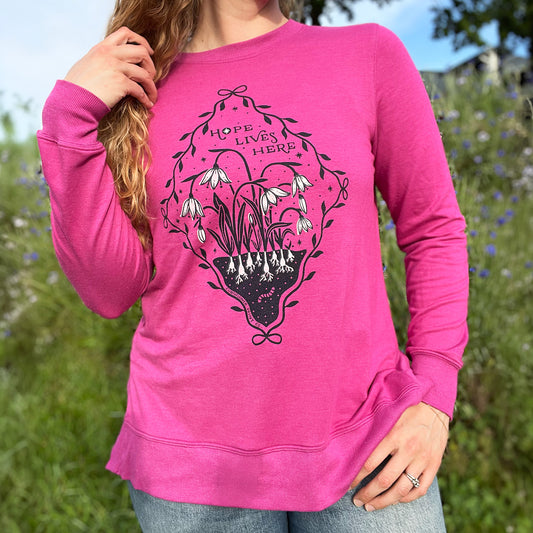 Hope Lives Here | Snow Drops | January Birth Flower | Bright Pink Sweater | Large