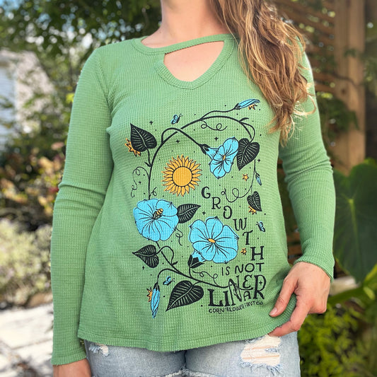 September Birth Flower | Morning Glory | Green Waffle Knit Long Sleeve | Small