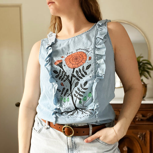 October Birth Flower | Marigold | Chambray Blue Tank Blouse | Large
