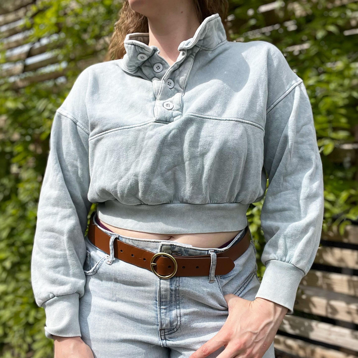 Stronger Together | June Birth Flower | Light Blue Cropped Pullover Sweater | Small