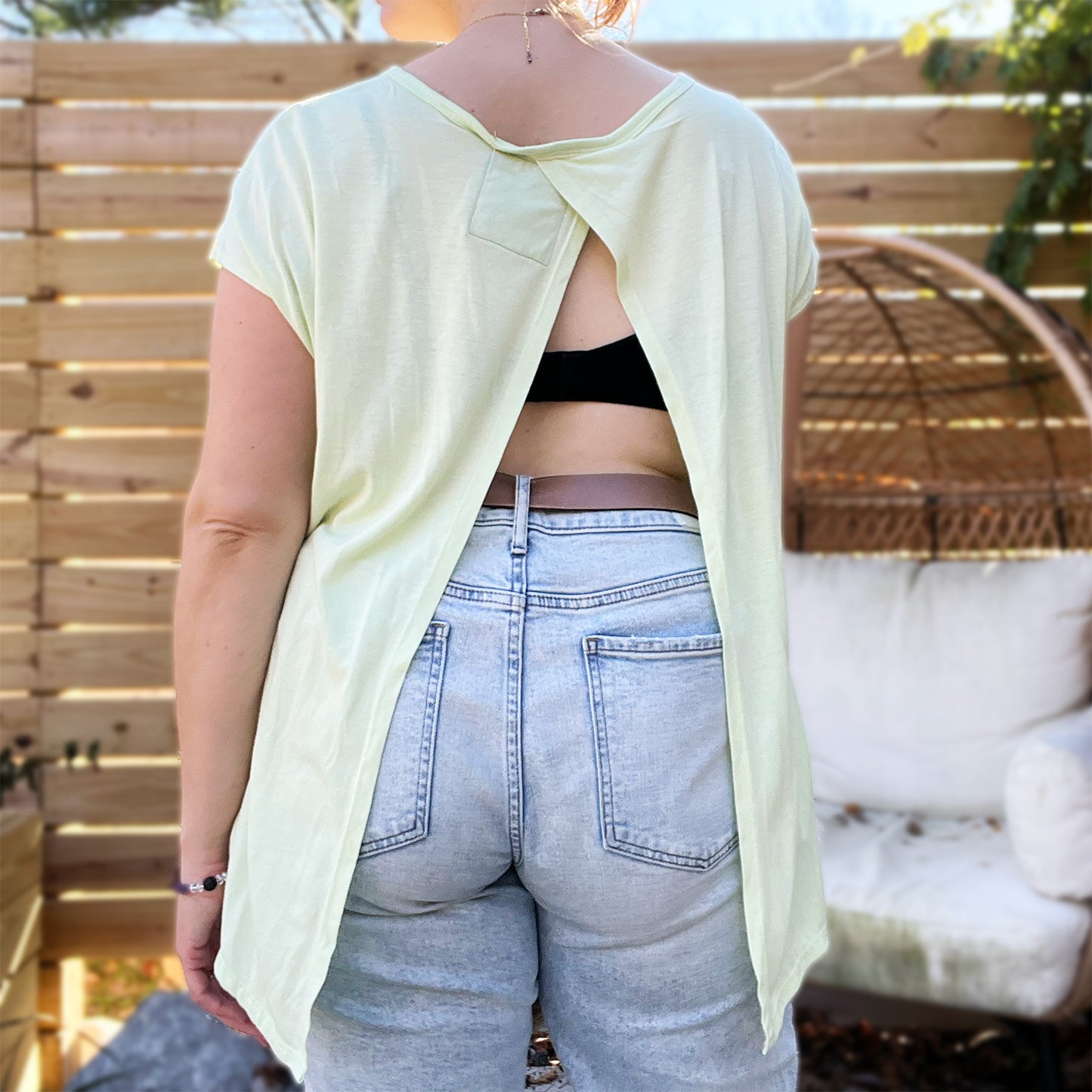 Brave & Kind | Light Green Flowy Tee with Open Back | Large