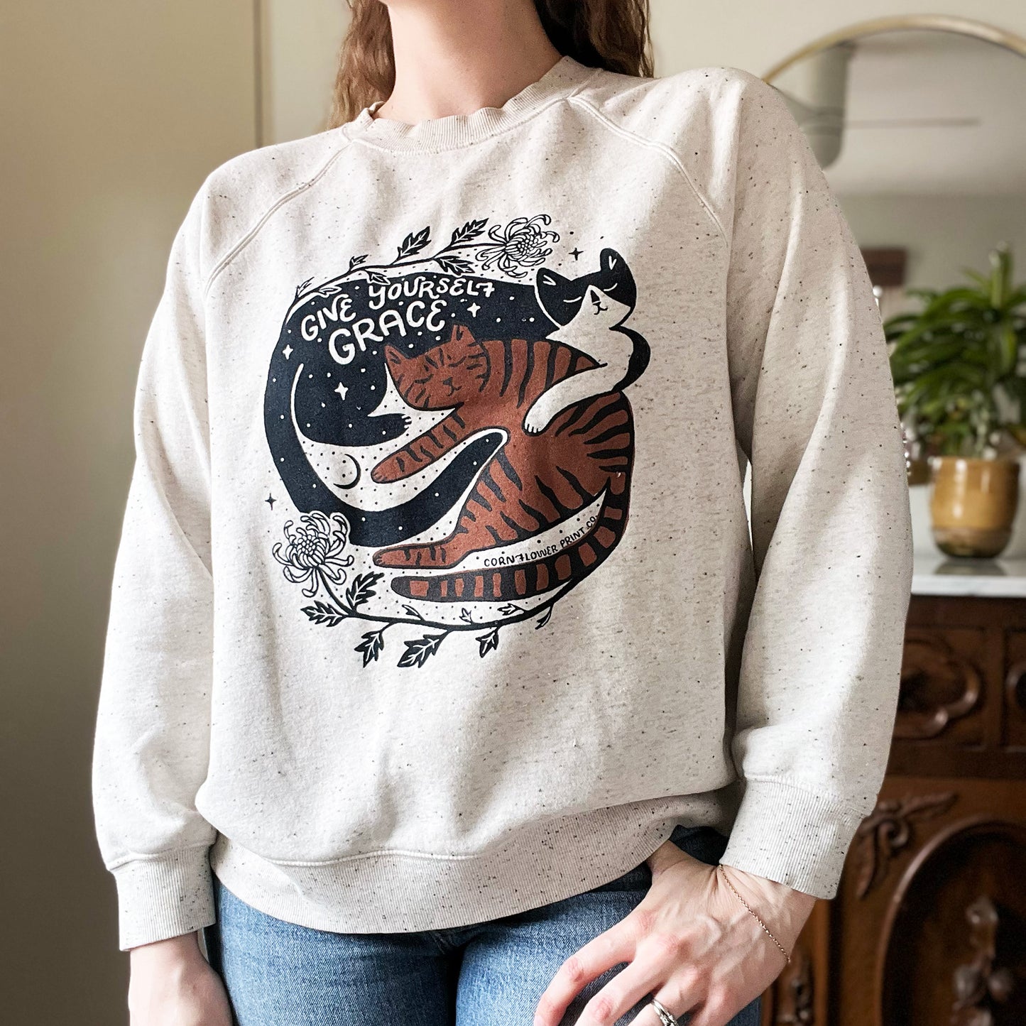 November Birth Flower | Chrysanthemum | Gray Speckle Sweatshirt | Small