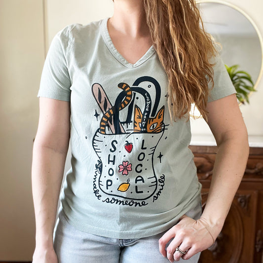 Shop Local | Dusty Mint Green V-Neck Shirt | Medium