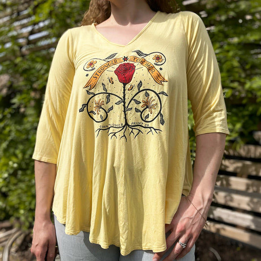 Stronger Together | June Birth Flower | Light Yellow 3/4 Sleeve Flowy Top | XL
