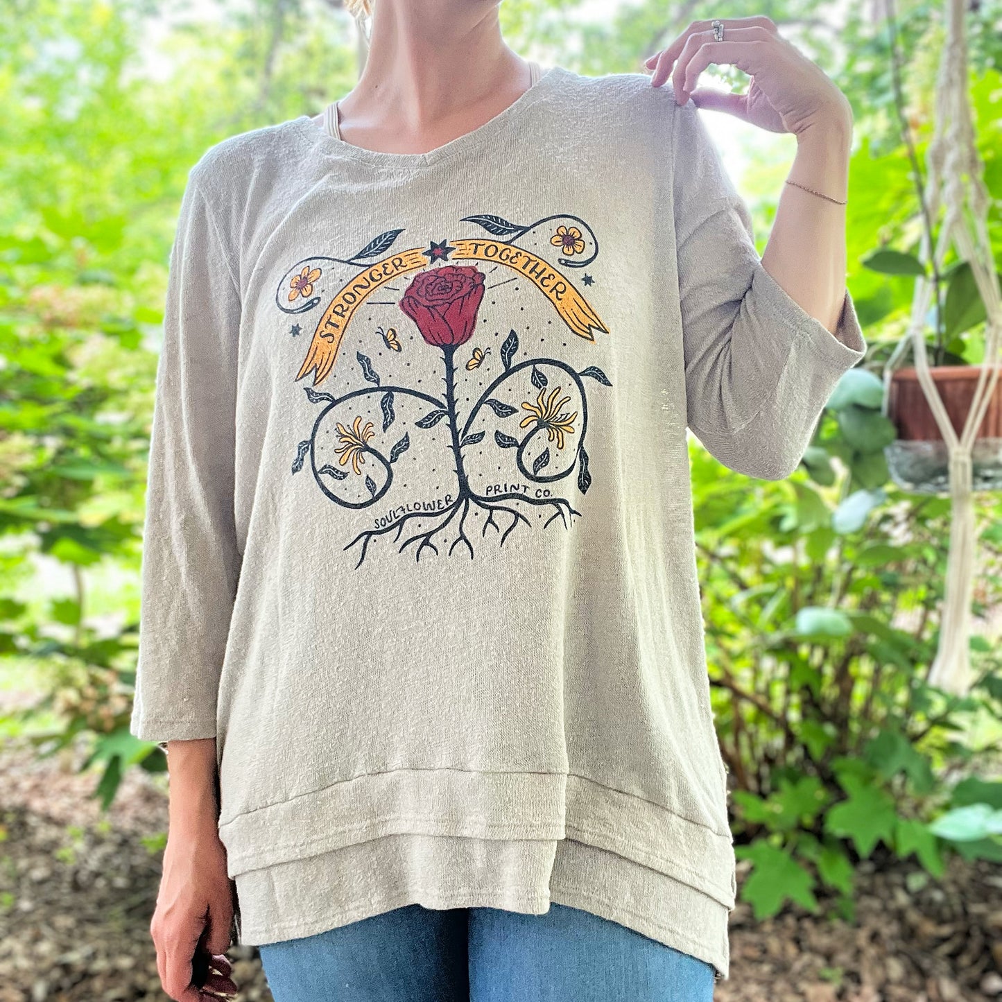 Stronger Together | June Birth Flower | Gray 3/4 Long Sleeve | Large