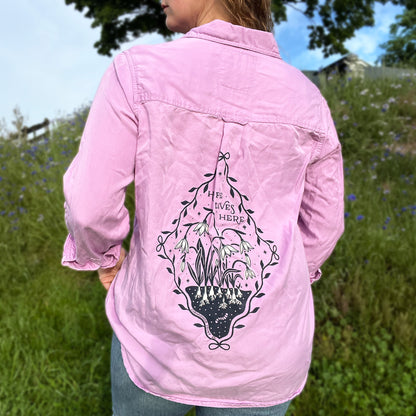 Hope Lives Here | Snow Drops | January Birth Flower | Purple Long Sleeve Button Up | Large