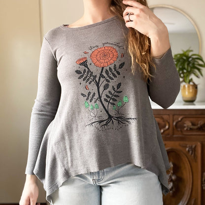 October Birth Flower | Marigold | Gray Waffle Knit Long Sleeve | Medium