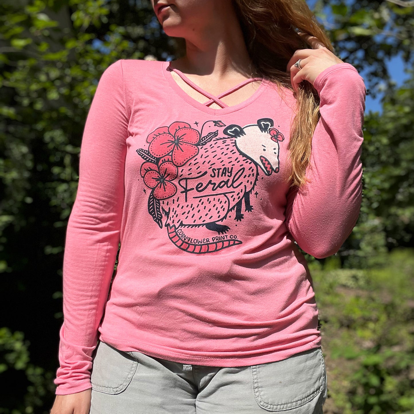 Stay Feral | Opossum | Pink Long Sleeve Shirt | XL