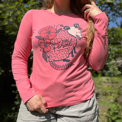 Stay Feral | Opossum | Pink Long Sleeve Shirt | Large