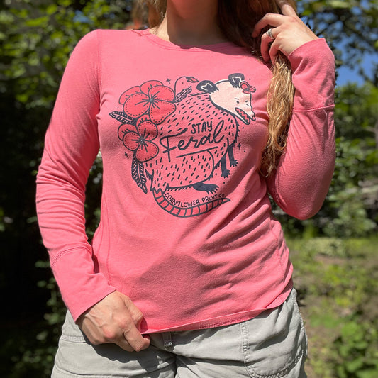 Stay Feral | Opossum | Pink Long Sleeve Shirt | Large
