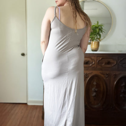 November Birth Flower | Chrysanthemum | Light Gray Maxi Dress w Pockets | Small