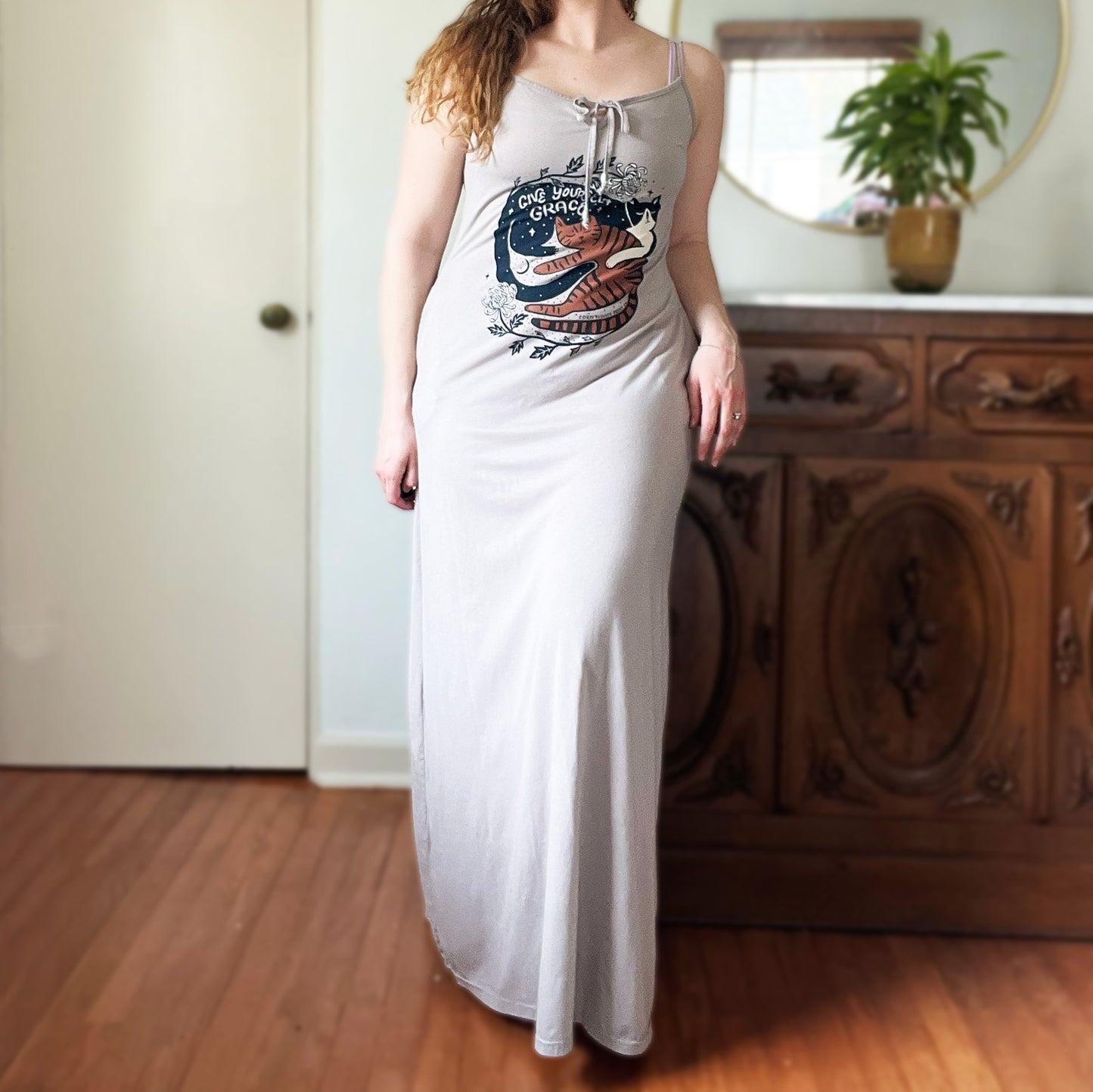 November Birth Flower | Chrysanthemum | Light Gray Maxi Dress w Pockets | Small