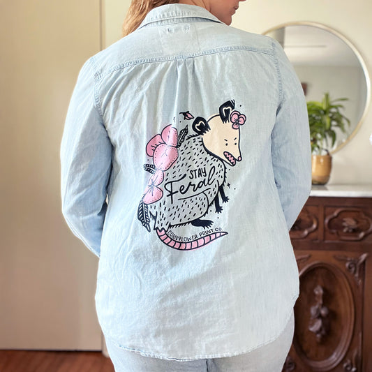 Stay Feral | Opossum | Chambray Button Up Shirt | Medium