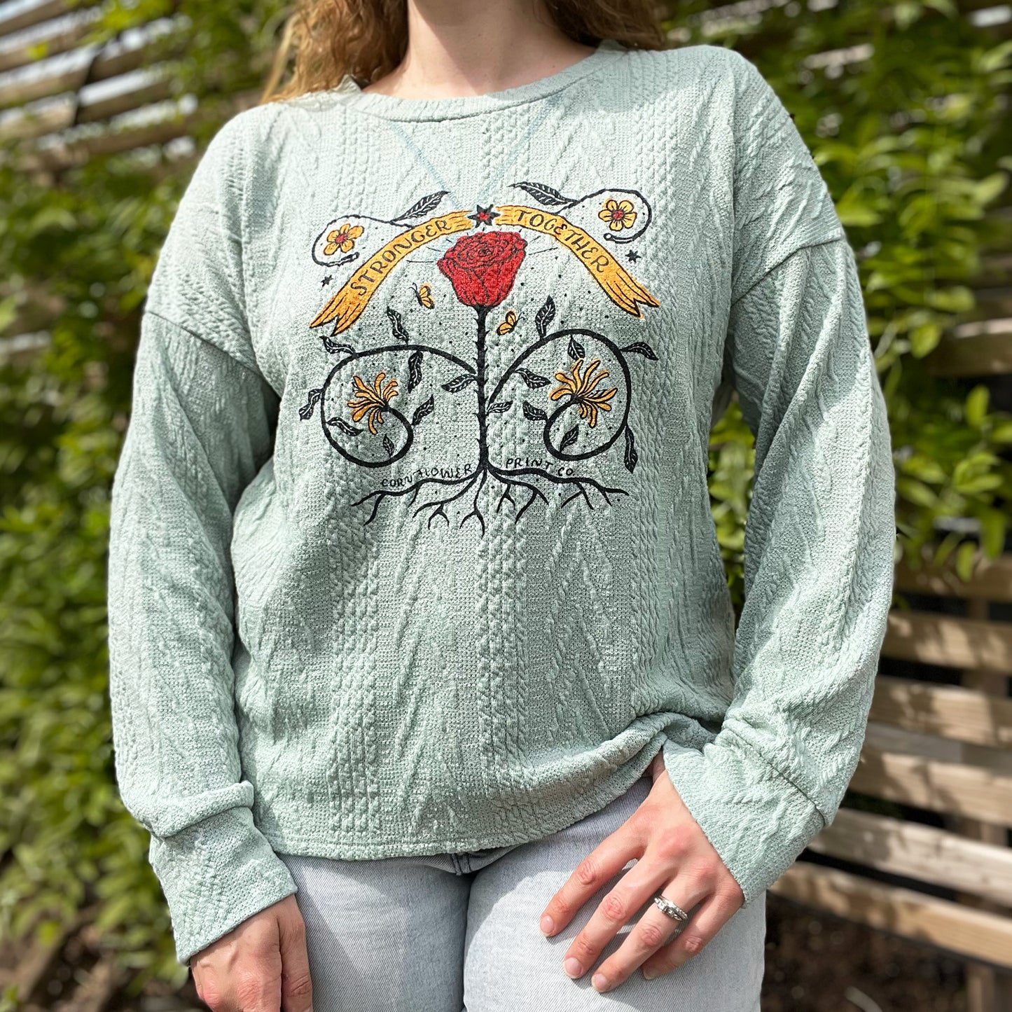 Stronger Together | June Birth Flower | Mint Green Textured Sweater | Medium