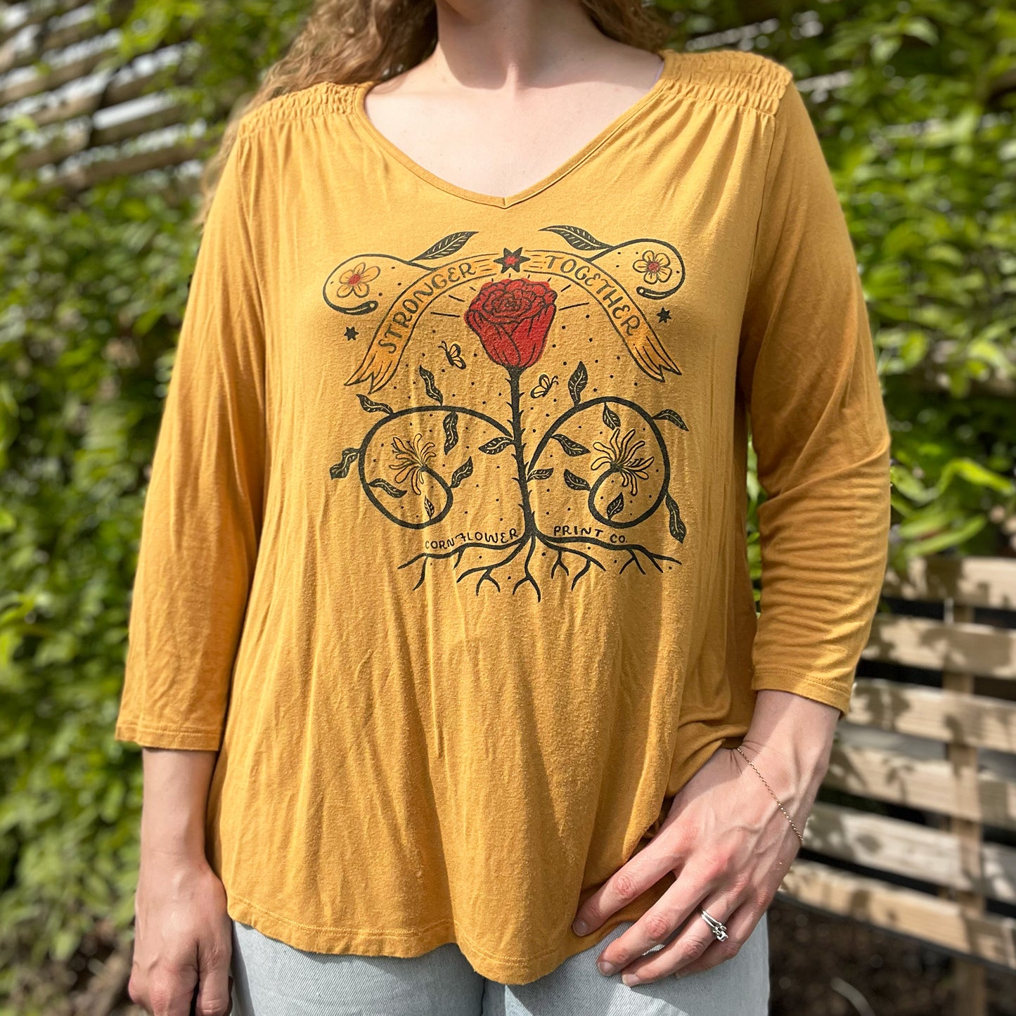 Stronger Together | June Birth Flower | Mustard Yellow 3/4 Sleeve Shirt | XL