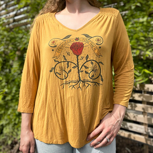 Stronger Together | June Birth Flower | Mustard Yellow 3/4 Sleeve Shirt | XL