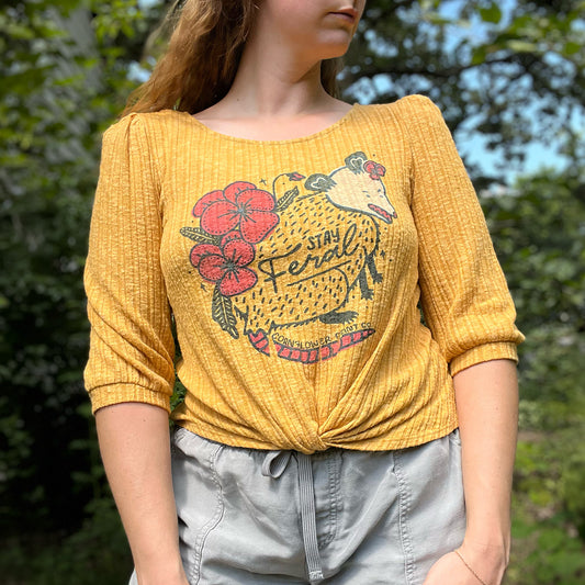 Stay Feral | Opossum | Mustard Yellow 3/4 Sleeve Shirt | Medium