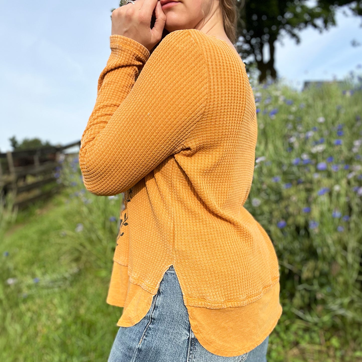 Hope Lives Here | Snow Drops | January Birth Flower | Mustard Yellow Waffle Knit Long Sleeve | Medium