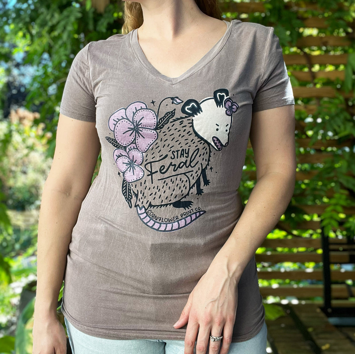 Stay Feral | Opossum | Muted Purple V-Neck Tee | Medium