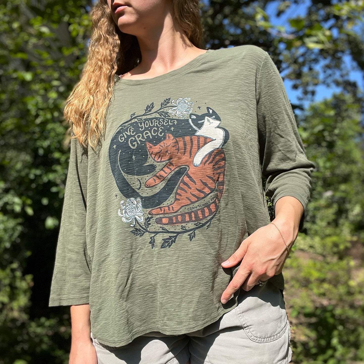 November Birth Flower | Chrysanthemum | Olive Green 3/4 Sleeve Shirt | 2X
