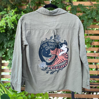November Birth Flower | Chrysanthemum | Olive Green Button Up | Medium
