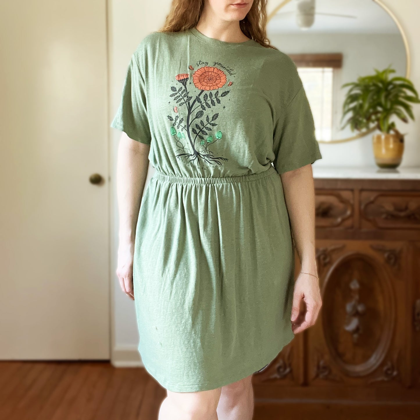 October Birth Flower | Marigold | Olive Green Dress | XL