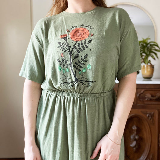 October Birth Flower | Marigold | Olive Green Dress | XL