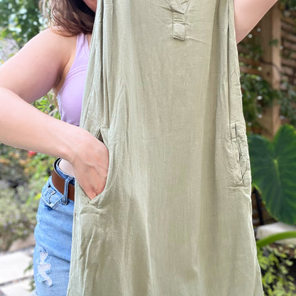 September Birth Flower | Morning Glory | Olive Green Dress w Pockets | Small