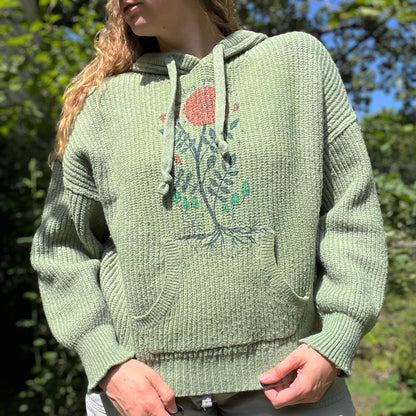 October Birth Flower | Marigold | Green Knit Pullover Hoodie | Medium