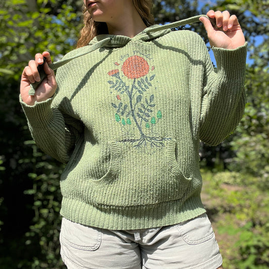 October Birth Flower | Marigold | Green Knit Pullover Hoodie | Medium