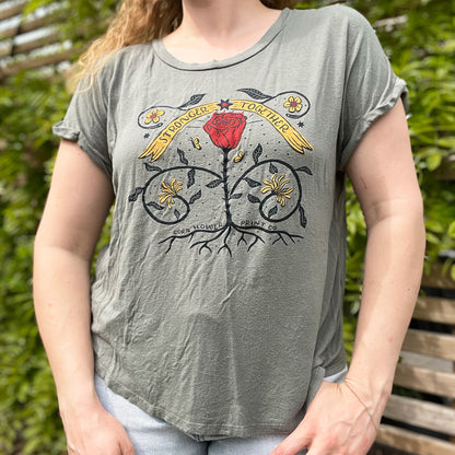 Stronger Together | June Birth Flower | Olive Green Tee | Large